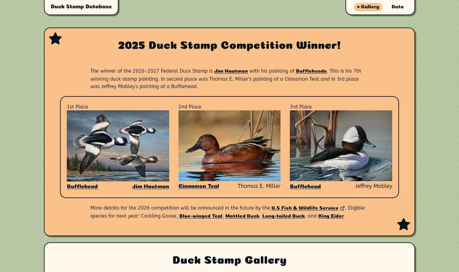 Thumbnail of Duck Stamp Database homepage