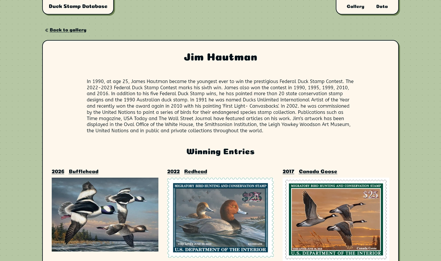 Thumbnail of Duck Stamp Database artist bio page