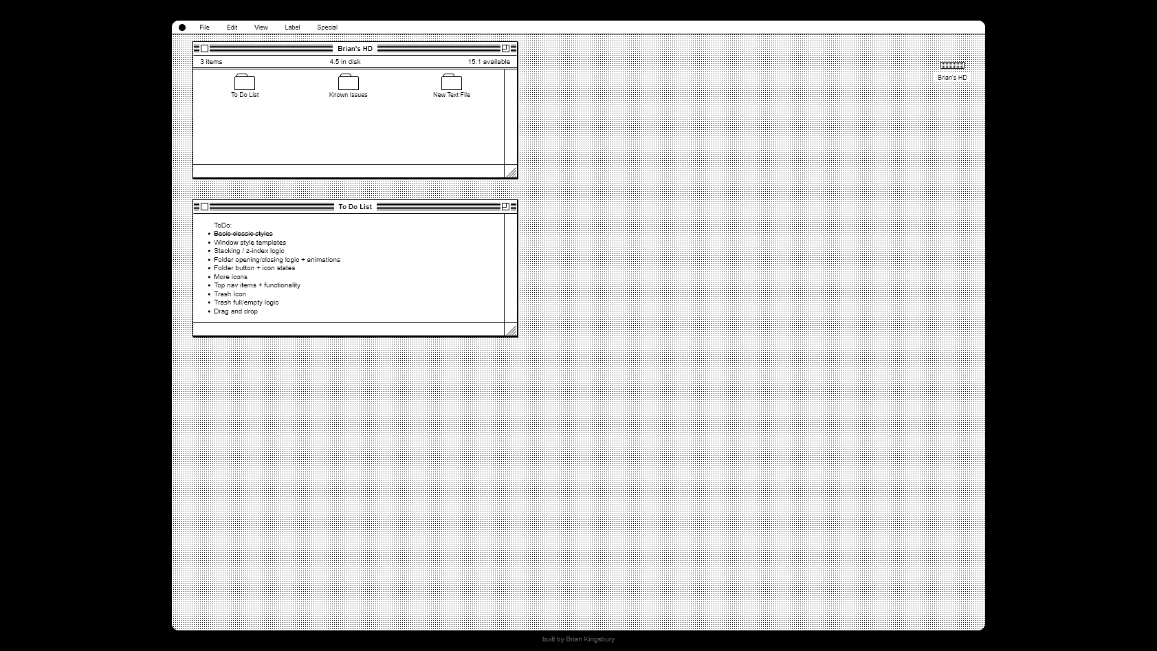 A basic grayscale portfolio website that is made to look like an old Macintosh 7 operating system